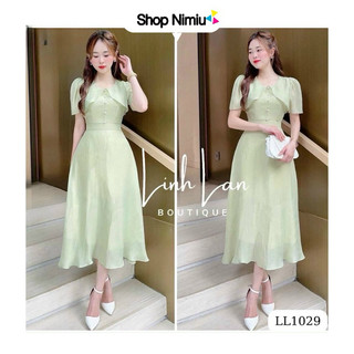 Đầm thời trang nữ mặc đi chơi chất tơ lụa xốp màu xanh đính nút vạc bèo ngực váy maxi