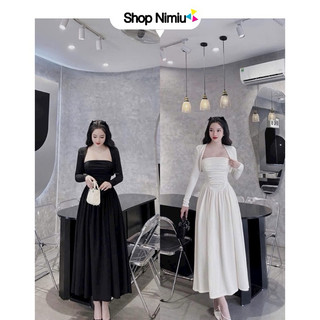  Đầm thời trang nữ mặc đi chơi chất thun tăm lạnh kèm khoác cúp ngực áo ôm body tùng váy xoè maxi trắng đen 