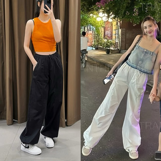 Quần Gió Ống Rộng Cạp Chun Nữ Có Dây Kéo Để Thành Quần Jogger Chất Liệu Đũi Gió Siêu Năng Động Hot Hit 2024