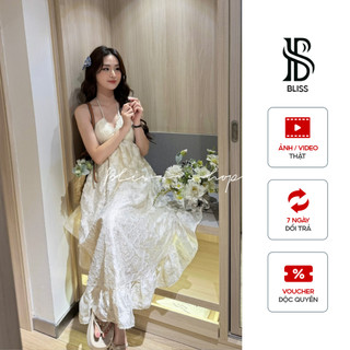 Bliss Shop - Váy Maxi cổ yếm vân hoa cực xinh, Đầm maxi màu trắng sang chảnh - V168