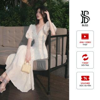 Bliss Shop - Đầm xinh tay bồng Floral dress, Váy nữ tính màu trắng hoa thêu tay thủ công - V170
