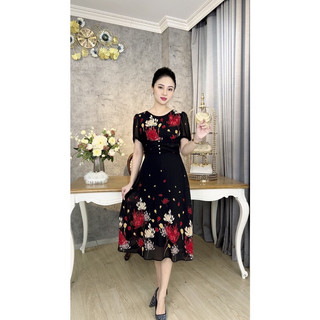 Đầm xoè dáng dài phối chân hoa cúc ngọc eo thiết kế thời trang tinh tế duyên dáng thanh lịch trang nhã dự tiệc công sở