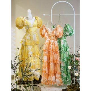 Đầm tầng maxi MILINAA tay phồng vải voan phối hoa ba màu hợp mùa hè, đi biển, đi du lịch C2385