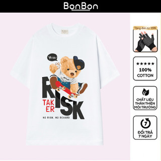 Áo thun gấu Teddy tay lỡ, áo phông form rộng 100% cotton, co giãn 2 chiều, cổ bo tròn, có thể giặt máy BonBon - AH2530