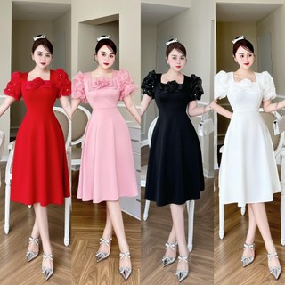 Đầm kết bông tay dún cổ vuông,váy tay dún dính ngọc