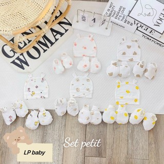 [B110 Mềm, Mát, Chất Petit] Séc 5 Chi Tiết Mũ - Bao Chân - Bao Tay Thun Lạnh PETIT Mềm Mát Cho Bé Sơ Sinh