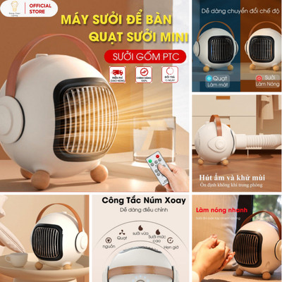 Máy Sưởi Mini Để Bàn Energy Green Lighting MS-Q6, Công Nghệ Sưởi Gốm PTC Ceramic -Tích Hợp Tản Gió - Hẹn Giờ Tắt