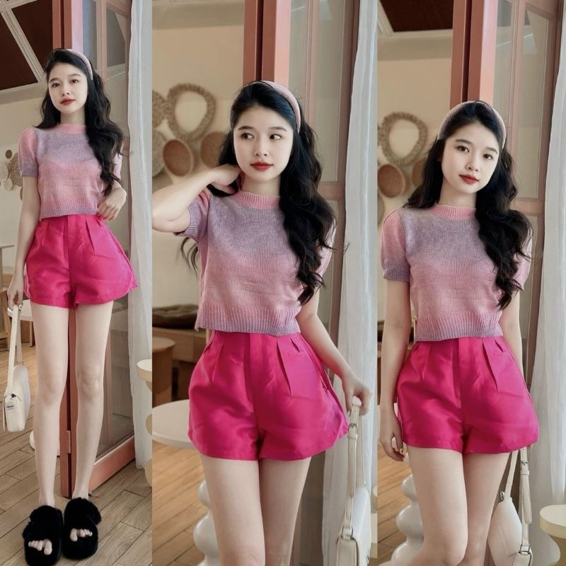 Quần sooc vải ly phồng tacta cạp cao