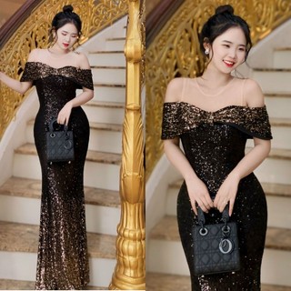Đầm dạ hội kim sa đô lưới bẹt vai cao cấp- tko tặng hoa tai
