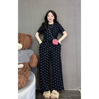 Có bigsize đến 85kg đồ bộ nữ cotton quần dài ống rộng họa tiết in nơ, set đồ đi chơi, mặc ở nhà fullsize(40-85kg) D29
