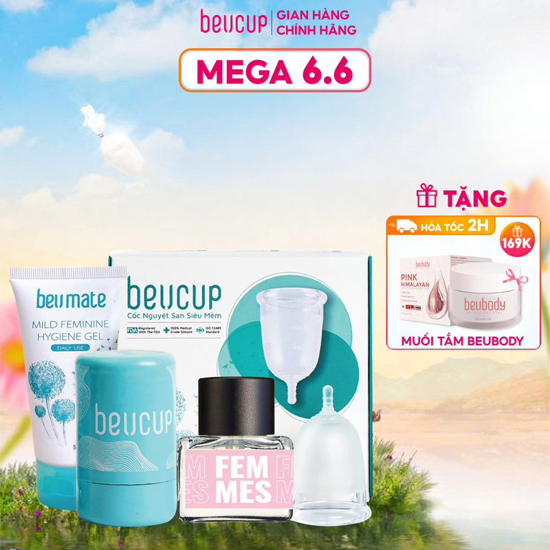 Combo 1 cốc nguyệt san BeUcup silicol y tế siêu mềm chuẩn FDA Hoa Kỳ + 1 Nước hoa vùng kín Inner Perfume FEMMES