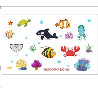 Decal dán tường - đàn cá sắc màu - trang trí chi tiết rời