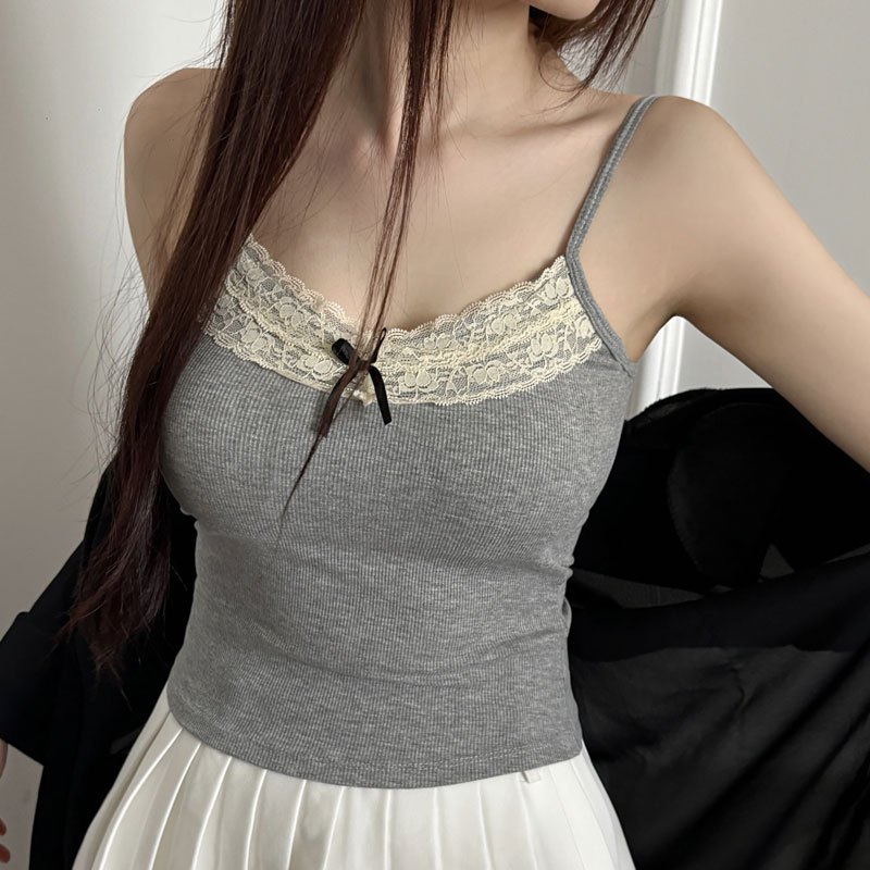 BARE_(Có size) Áo kiểu 2 dây phối ren nơ gợi cảm, Áo Kiểu Nữ Phối Ren Có Mút Ngựcchất thun gân tăm dày dặn-A311