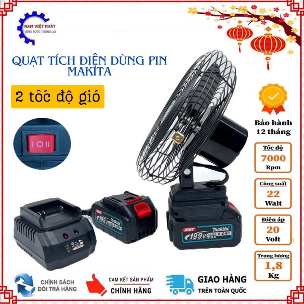 KM quạt chạy pin Makita 8 inch, quạt tích điện sài chung pin Makita 14,4v - 21v