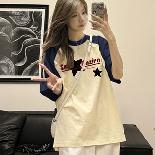 Local brand Focus Áo phông Raglan nữ Xanh đậm quả mơ form rộng cổ tròn áo thun Mùa hè ngắn tay áo 100% cotton