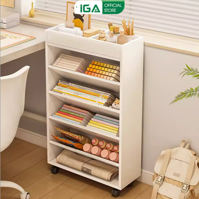 Kệ sách gỗ 5 tầng IGA dễ dàng di chuyển với bánh xe 360 - GP189