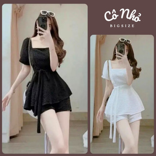 Set bộ bigsize tiểu thư áo vạt xòe che bụng dây buộc eo kèm quần đùi vải xốp Nhật SET52