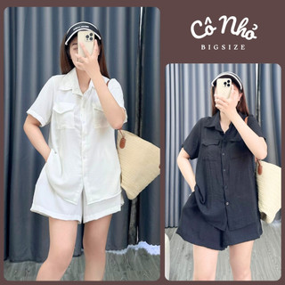 Đồ Bộ Đũi Xốp Nữ Bigsize Áo Sơ Mi Phối Túi Trước Ngực Kèm Quần Đùi Lưng Chun SET30