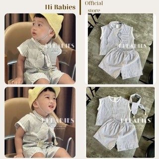 { Có sẵn} Set/bộ vải lanh Hàn kèm khăn mùa hè Hi Babies phong cách Hàn Quốc đi chơi, du lịch cho bé
