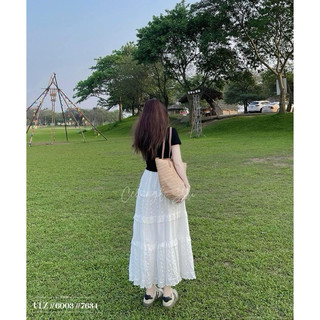 Chân váy trắng dài ren tầng - chân váy maxi trắng