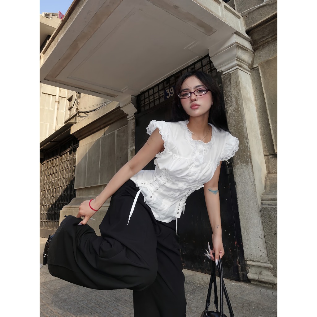 Áo sơ mi nữ, thiết kế phối ren, phong cách y2k | BigBuy360 - bigbuy360.vn