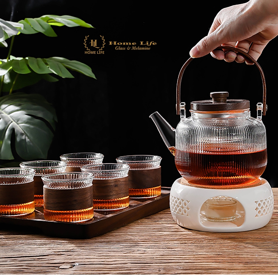  Ấm thuỷ tinh chịu nhiệt đun trực tiếp | Bộ bình ly tay gỗ phong cách nhật | ẤM THỦY TINH CHỊU NHIỆT TAY CẦM GỖ 