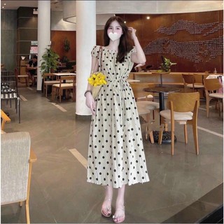 Đầm Lụa Voan Chấm Bi Gúp Dây Eo Mặc 2 Kiểu