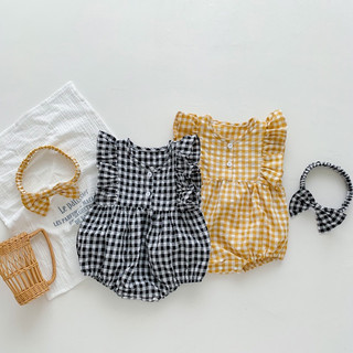 Bodysuit caro kèm băng đô cho bé gái 1,2 tuổi