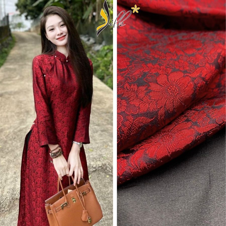 Lụa may áo dài- SILK – hoa cúc màu đỏ đen -CU32