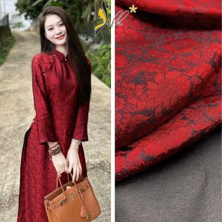 Lụa may áo dài- SILK – hoa cúc màu đỏ đen -CU32