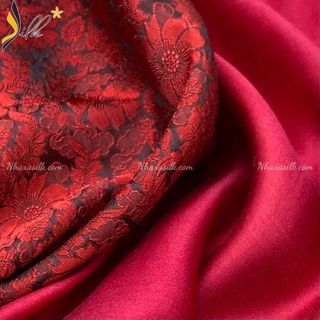 Lụa may áo dài- SILK – hoa cúc màu đỏ đen -CU32