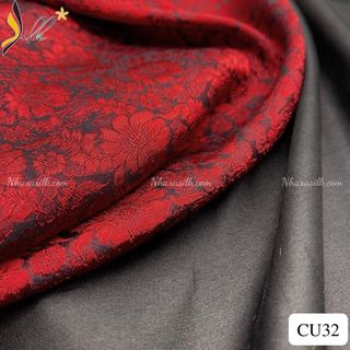 Lụa may áo dài- SILK – hoa cúc màu đỏ đen -CU32