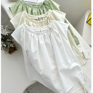 Áo sơ mi cộc tay cổ rút dây cột lệch màu pastel phong cách tiểu thư thanh lịch hàng QC loại 1