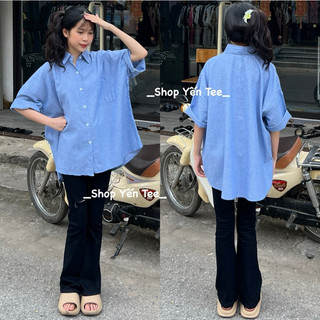 Áo sơmi nữ kẻ nhỏ from rộng , sơ mi cộc tay chất mát Yến Tee