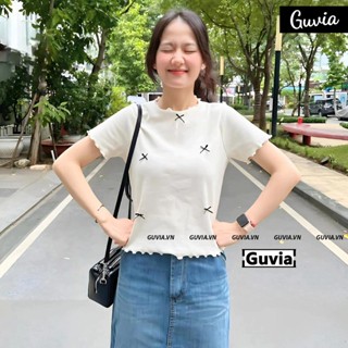 [Xả hàng] Áo Thun brandy coquette Tay Ngắn Cổ Tròn Dáng Dài 5 Nơ Cuốn Biên Co Giãn Họa Tiết Riêng Guvia ADD45