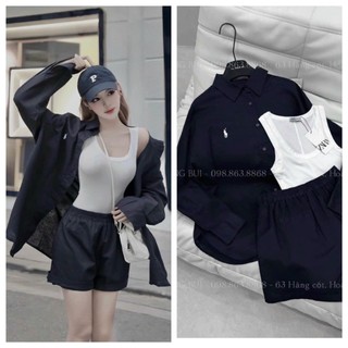 Set đồ bộ 3 món áo croptop ba lỗ phối áo khoác ngoài kèm quần đùi ống rộng siêu cá tính cho nàng dạo phố