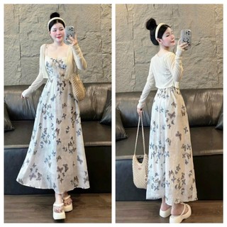 Đầm hai dây dáng dài họa tiết ( có mút ngực ) kèm khoác ngoài siêu xinh