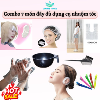 Combo 7 món dụng cụ nhuộm tóc tại nhà bát chổi, mũ, chùm tai, kẹp vịt, găng tay, áo choàng, kính