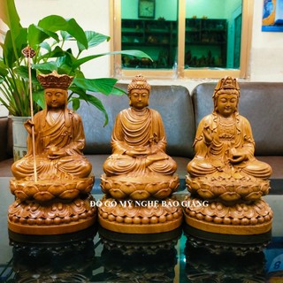 Bộ tượng phật Ta bà tam Thánh gỗ bách thơm cao 20 cm