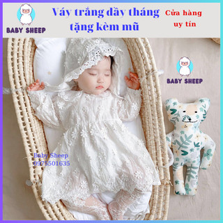 (Tặng Mũ Bèo) Váy ren đính hoa trắng kèm mũ bèo tiểu thư xinh xắn cho bé 0-3 tuổi hàng cao cấp