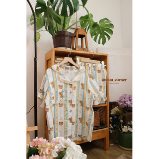 𝐁𝐞𝐚𝐫 𝐈𝐧 𝐒𝐭𝐫𝐢𝐩𝐞𝐝 | bộ ngủ, mặc nhà pyjama xô muslin ngắn kẻ sọc hoạ tiết gấu