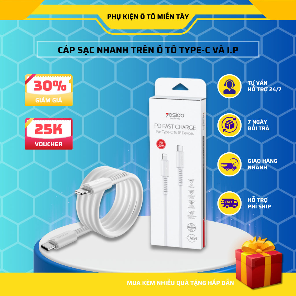 Cáp Sạc Nhanh Trên Ô tô,  Cáp Sạc Điện Thoại I.P và Type-C 20-60W
