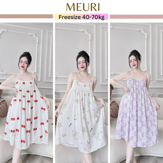 Đầm ngủ lụa 2 dây MEURI đầm pyjama mặc nhà suông rộng bigsize chất liệu latin cao cấp thoáng mát.