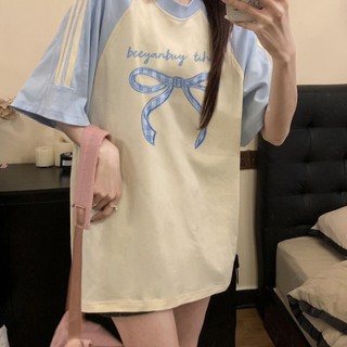Local brand Focus Fashion Áo phông Raglan nữ Xanh nước biển quả mơ form rộng áo thun cổ tròn ngắn tay 100% cotton