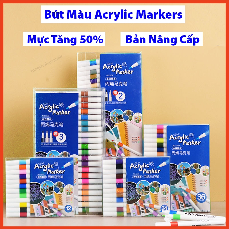 Bút Màu Acrylic Marker 12/24/36/48/60  Màu Sắc Tươi Sáng, Vẽ Trên Mọi Chất Liệu Có Thể Vẽ Chồng Màu