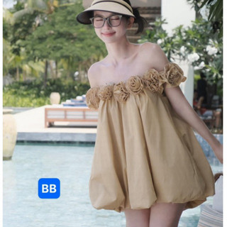 Váy trễ vai baby doll hoa cuốn có quần bảo hộ