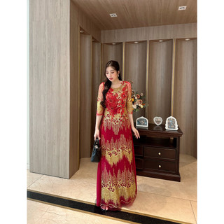 Đầm Nữ Dạ Hội Kim Tuyến Đỏ, Phối Hoa Sang Trong, Đủ Size, Dự Tiệc