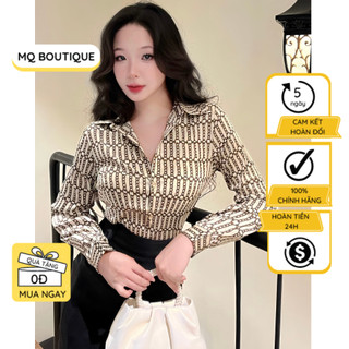Áo lụa xích nâu đan sơ mi nữ lụa dài tay cao cấp công sở họa tiết nền be, áo sơ mi họa tiết thiết kế MQ Boutique