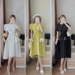Đầm thời trang nữ mặc đi chơi chất umi cổ tròn tay ngắn búp cột dây nơ eo váy dài xòe midi siêu xinh