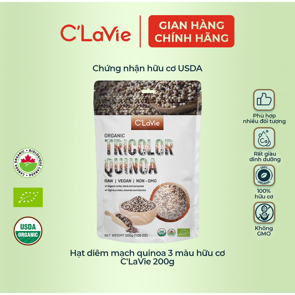 Hạt diêm mạch quinoa 3 màu, quinoa trắng hữu cơ Chính Hãng C'LaVie 200g